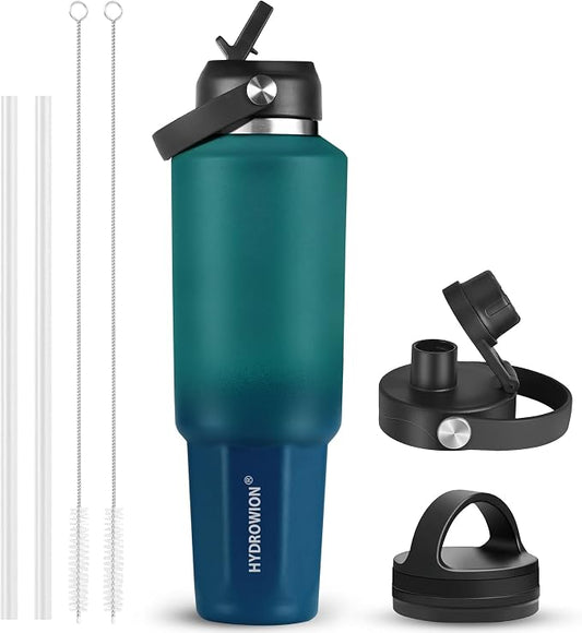 HYDROWION 40 oz Insulated Water Bottle, Car Water Bottle Holder - Double Wall Vacuum Insulated Travel Bottle with Straw Lid, Spout Lid and Flex Cap - Cold for 24H, Hot for 12H, Blue - Lake Green