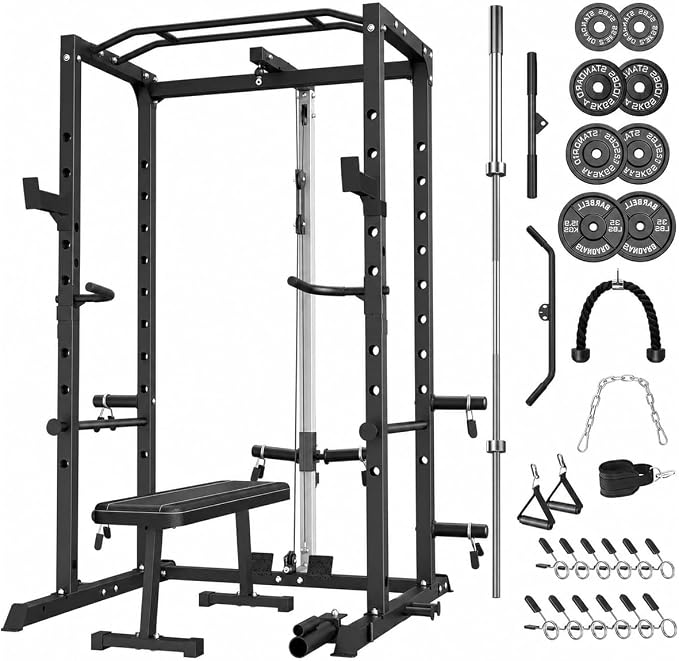 5-in-1 Power Rack Heavy Duty Home Gym | 5 Configs: Only, +Pulley, +Bench, +150LB, +240LB. 1200LB, 50x50mm, 83"H. J-Hooks, Safety Bars, Landmine. Olympic 2" Plates.