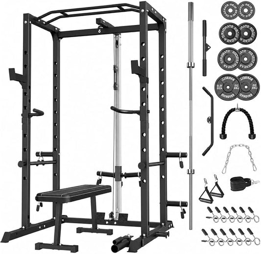 5-in-1 Power Rack Heavy Duty Home Gym | 5 Configs: Only, +Pulley, +Bench, +150LB, +240LB. 1200LB, 50x50mm, 83"H. J-Hooks, Safety Bars, Landmine. Olympic 2" Plates.
