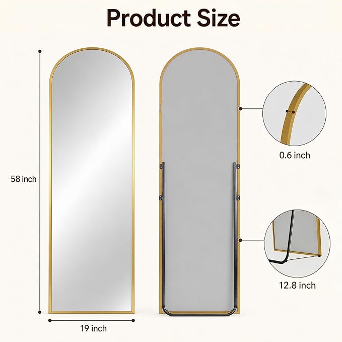 Antok Full Length Mirror, 59"x18" Floor Mirror with Stand, Hanging Mounted Mirrors for Bedroom, Living Room, Cloakroom, Dining Room, Gold, Arched