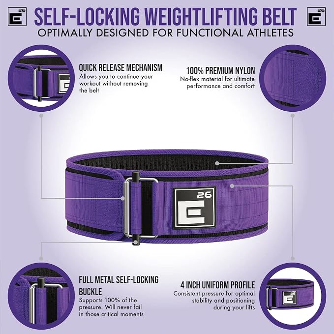 Element 26 Self-Locking Weight Lifting Belt | 4” Back Support for Gym, Powerlifting, Body Building, Cross Training, Men, Women, Deadlift, Squat, Quick Locking, Competition