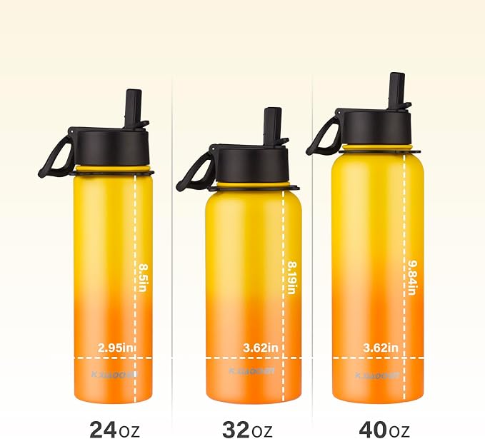 KXIAOCHEN Insulated Water Bottle with Strap, 48-Hour Cold, 2 Lids | Triple-wall insulation, lead-free 18/8 Stainless steel, paracord handle, carabiner clip, for gym, hiking, camping and travel