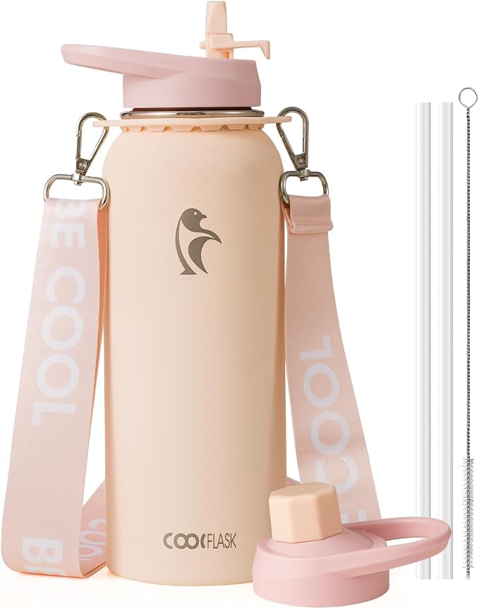 Coolflask 40 oz Water Bottle Insulated Stainless Steel with Strap | Metal Water Flask with Straw & Spout Lids, Triple-Wall, Cold 48+h, Dishwasher Safe, Leakproof, BPA-Free, for Gym & Hiking