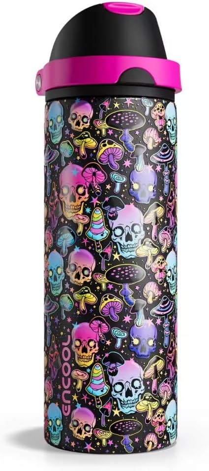 Insulated Water Bottle with Straw - Encool Stainless Steel Water Bottle with Push Button Lid, Leak-Proof & BPA-Free, Keeps Cold for 24 Hours for Sports, Travel, Gym (24 oz, Trippy Skulls)
