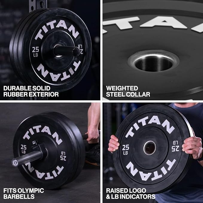 Titan Fitness Economy Series Black Olympic Bumper Plates, Durable Rubber Exterior with Steel Core, Weightlifting and Strength Training Weight Plate