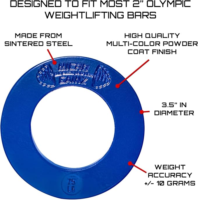 Micro Gainz Calibrated Fractional Weight Plate Set of 2 Plates, Choose Set (.25LB-1.25LB), Designed for Olympic Barbells for Strength Training & Micro Loading Bar Weights, Made in USA