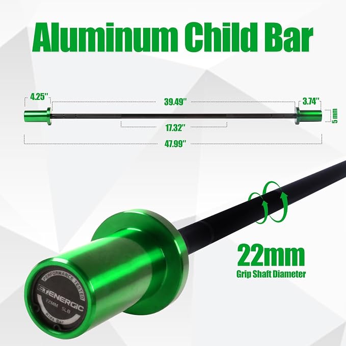 4FT 5LB Aluminum Kids Barbell, 70LB Capacity | Youth training bar with 22mm knurled grip, bearings, brass bushings, and 2-inch Olympic plate compatibility