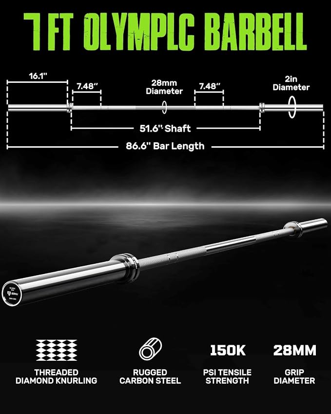 PB01 7FT Olympic Barbell, Weight Bar with Knurled Grip for Squats, Deadlifts, Weightlifting, Strength Training, Bench Press, Fits 2-inch Standard Weight Plates, 1500LB Capacity