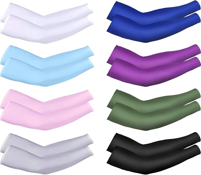 Mudder 8 Pairs UV Sun Protection Cooling Arm Sleeves for Men Women Youth Silk Compression Arm Cover Breathable Outdoors Sport