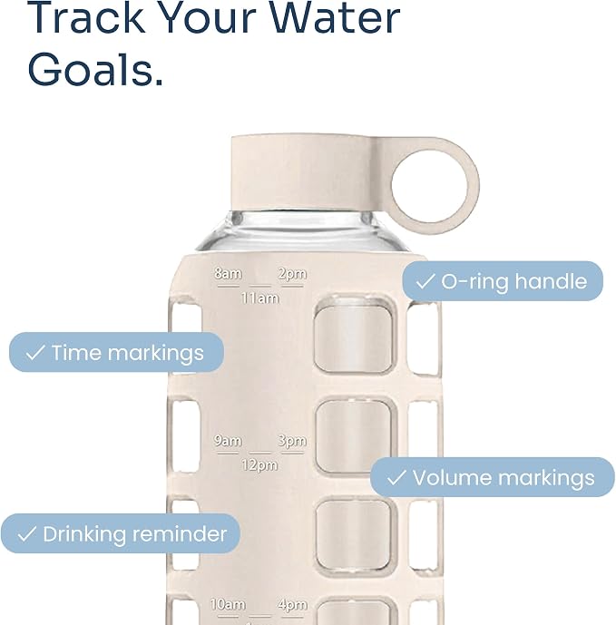 purifyou 40oz / 32oz / 22oz / 12oz Borosilicate Glass Water Bottle with Time & Volume Markers, Silicone Sleeve, Stainless Steel Lid | Reusable Glass Bottle for Water & Juice (22oz Pearled Ivory)