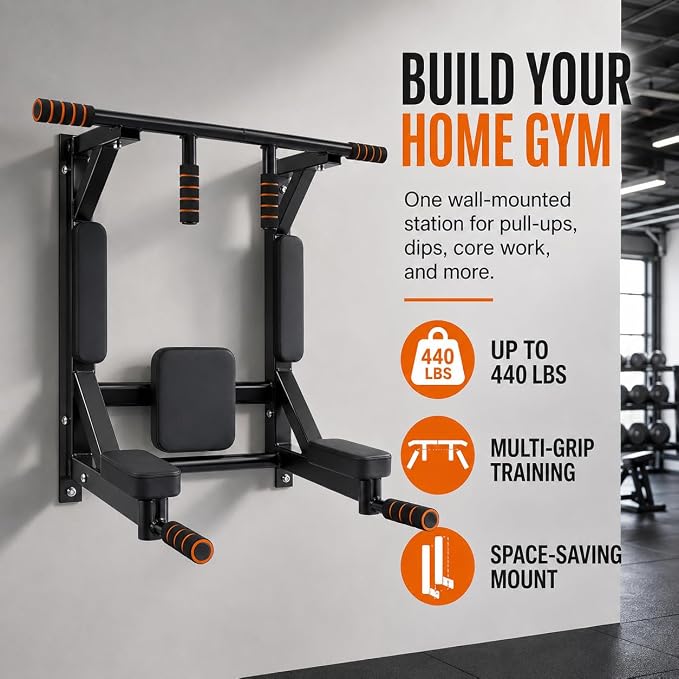 Wall Mounted Pull Up Bar Dip Station, Training Equipment Fitness Dip Stand, Multiple Grip Positions, 440 Lbs Capacity for Home Gym Workout