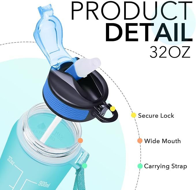 Hyeta Water Bottle with Straw & Time Marker, Plastic 32oz Leakproof | Motivational Tritan BPA Free Gym Office Outdoor Intake Tracker Hourly Reminder Straw Lid Carry Strap