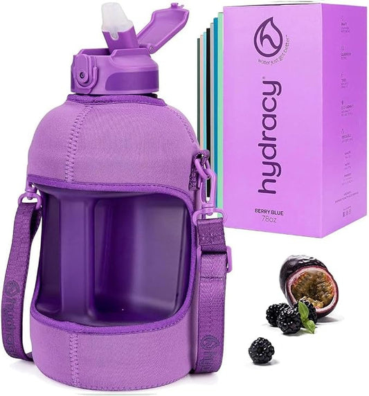 Hydracy Motivational Water Bottle with Time Marker and Straw Lid 78 oz | Leakproof,BPA Free,No Sweat Neoprene Sleeve,Carry Strap,Daily Intake Tracking for Fitness & Outdoors