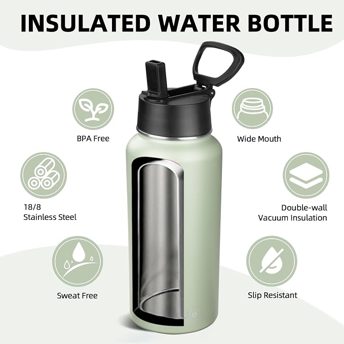 Insulated Water Bottle With Straw,32 oz Vacuum Insulated Stainless Steel Sports Water Flask,Keeps Cold and Hot,Metal Water Bottle Wide Mouth for Gym Travel Camping (Green tea)