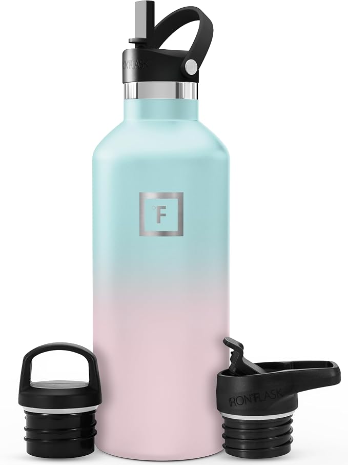 IRON °FLASK 32 oz Narrow Mouth Water Bottle with 3 Lids | Insulated Stainless Steel Sports Water Bottle with 3 Leakproof Lids - BPA Free, Cold 24 Hrs, Sweat Free (Bubble Gum)