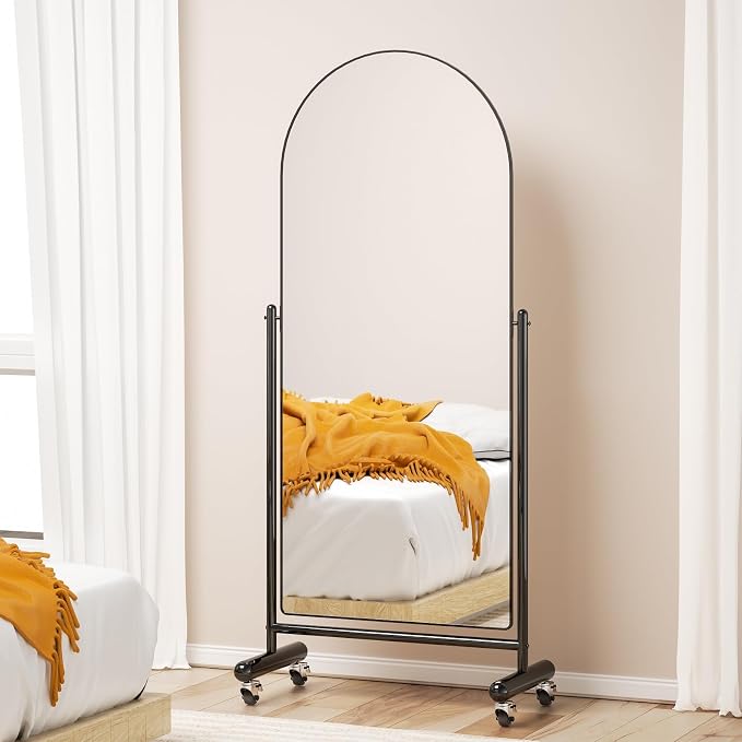 Modern Arch Mobile Floor Mirror, 65"L x 23"W, Black Metal Frame, Tilting, Rolling Wheels