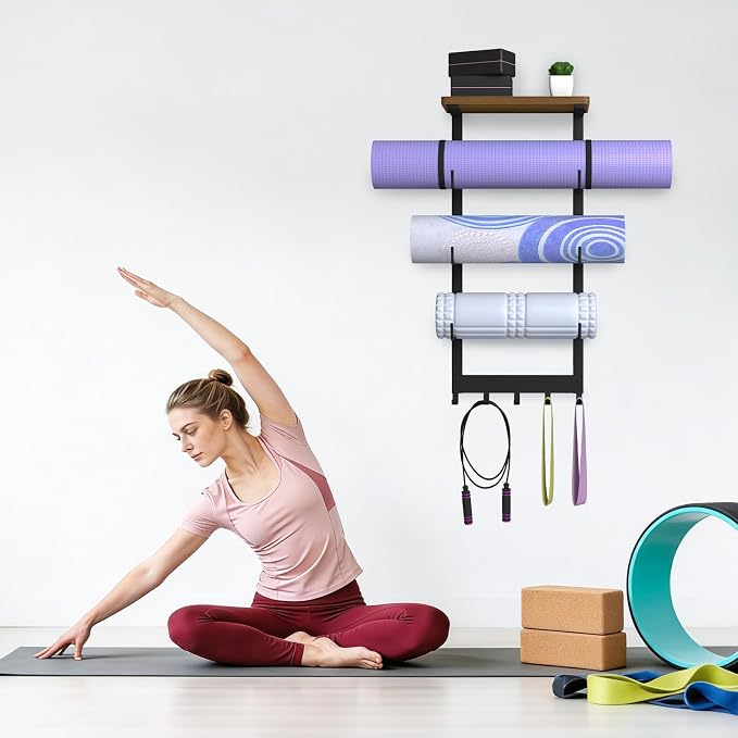 Yoga Mat Holder Wall Mount, 4-Tiers Yoga Mats Storage Shelf Rack | Home Gym Wall Organizer Holder with Wood Floating Shelf and 5 Hooks, Storage Rack for Foam Roller/Band/Workout Equipment