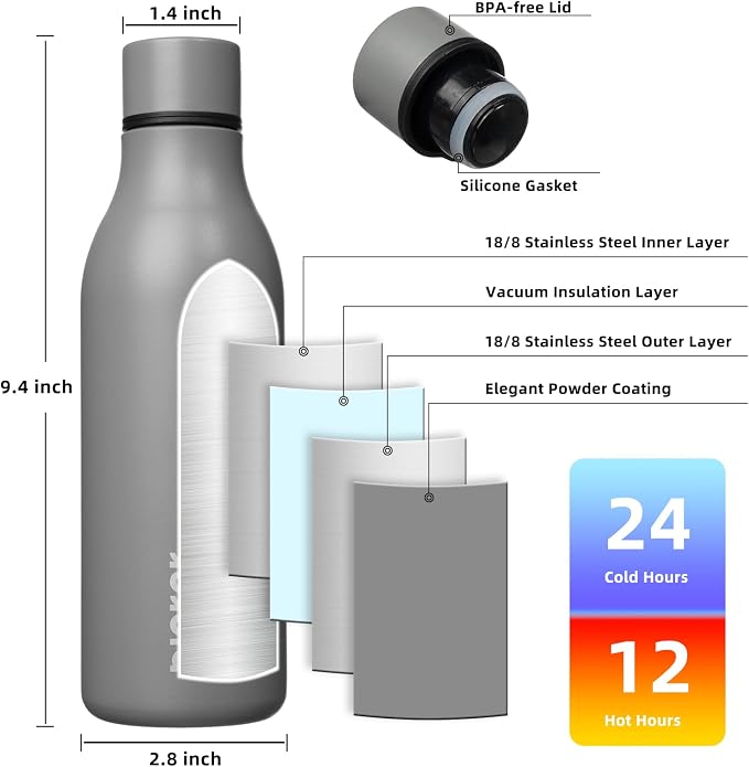 BJPKPK 18oz Insulated Water Bottle, Stainless Steel Bottle with Carry Strap | Keep Cold & Hot Vacuum Insulation, Leak-Proof BPA-Free Design, Slim Bottle Fits Most Cup Holders for Gym, Office & Travel
