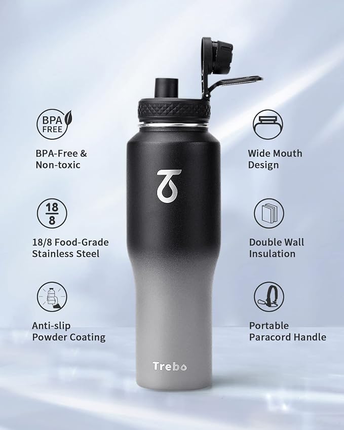 Trebo 32 oz Water Bottle Insulated Fits in Any Car Cup Holder with 2 Lids | Stainless Steel T-shape Tumbler with Paracord Handle, Triple Wall Vacuum Copper Plated, Cold 48 Hrs for Travel, Leakproof