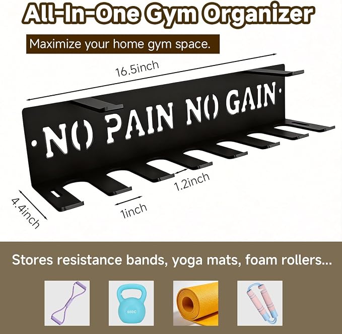 Gym Home Rack 8 Hook Heavy-Duty Wall-mounted Organizer Multi-Purpose Workout Gear Wall Hanger Storage for Resistance Bands Jump Ropes Lifting Belt Fitness Bands Barbells Carabiners Included