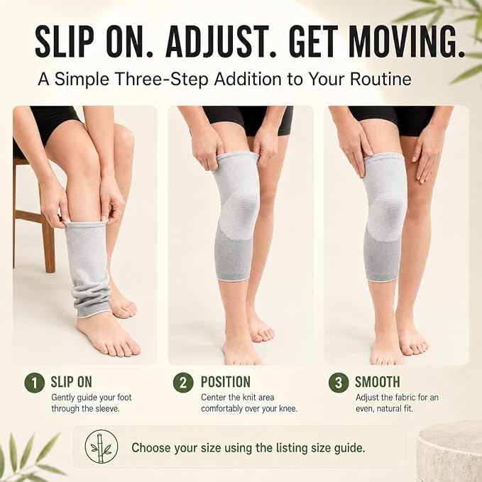 Bamboo Compression Knee Sleeves for Men and Women—Bamboo charcoal blend material provides soothing warmth and joint stability; offers moderate compression, suitable for daily activities