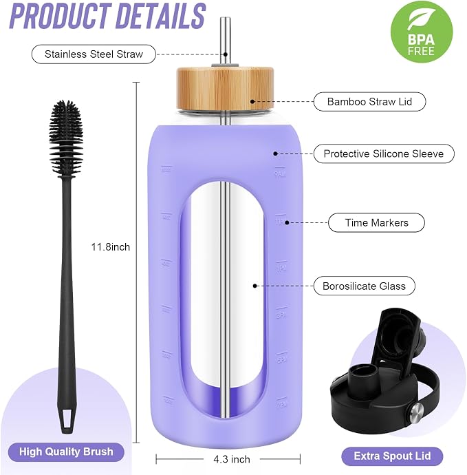 FULBEVY Glass Water Bottles 64 oz - Half Gallon Large Motivational Daily Water Intake Bottle Time Marker - Glass Water Bottle With Straw, Silicone Sleeve 2 Lids, Handle Spout & Bamboo Lid(Purple)