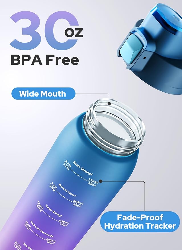 Opard Zip 30oz Plastic Water Bottle Dishwasher Safe, Leakproof Flip-Top Lid, BPA Free Tritan, Wide Mouth Reusable Sports Water Bottle for Gym Hiking Commuting Outdoor Travel and School