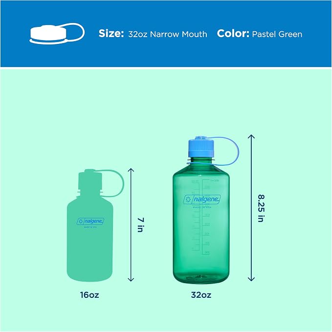 Nalgene 32 oz Narrow Mouth Water Bottle, Pastel Green | BPA-Free, Durable & Lightweight, Leak Proof, Dishwasher Safe, Large Reusable Plastic Bottle for Hiking, Gym, Work & Travel