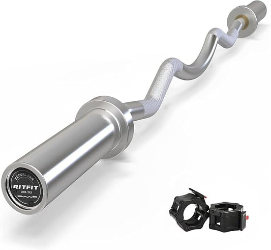 RitFit 2 Inch EZ Curl Bar Olympic Barbell with Weight Plates & Collar | 4FT EZ Curl Bar Olympic Barbell with Collars for Bicep, Tricep Workout, Weightlifting, 350LBS Weight Capacity