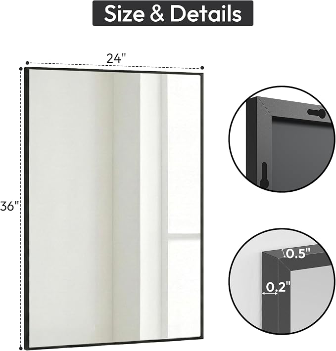 24" x36" Matte Black Wall Mirror for Bathroom, 36" x 24" Metal Framed Vanity Mirror, Modern Minimalist Rectangular Decor for Entryway, Vertical/Horizontal Hang