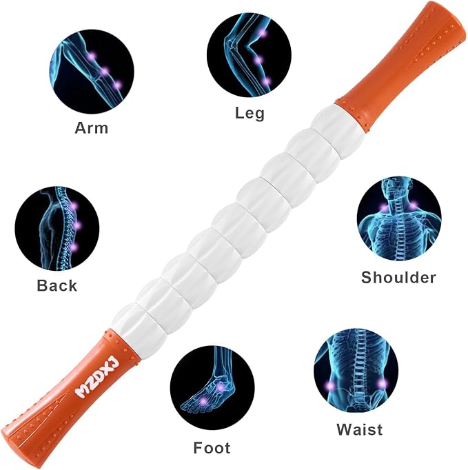 Muscle Roller Massage Roller Stick- Deep Tissue Fascia Blaster for Myofascial Pain Relief, Lymphatic Drainage & Body Sculpting, Handheld Physical Therapy & Recovery Tool(Orange White)