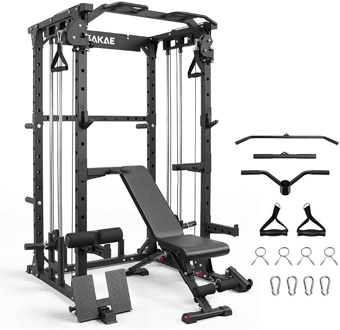 SAKAE Squat Rack with Cable Crossover System, Power Rack with LAT Pull Down, Pull-Up Bar, Dip Bars, Weight Bench, 260 LB Bumper Plates, 7 FT Olympic Bar & Training Attachments, Multiple Options