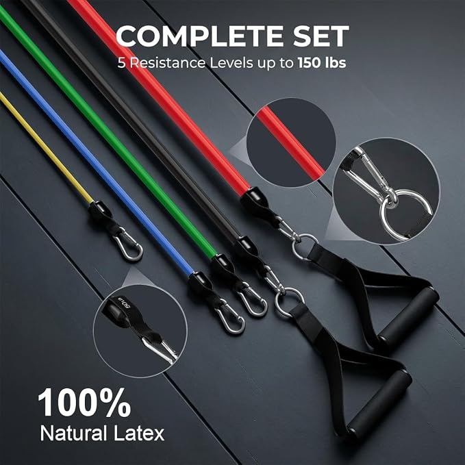 VEICK 10-150LBS Resistance Bands with Handles, Ankle Straps, Door Anchor | Accredited Lab Certified, 100% Natural Latex, Versatile for Yoga, Pilates, Strength, Home Gym