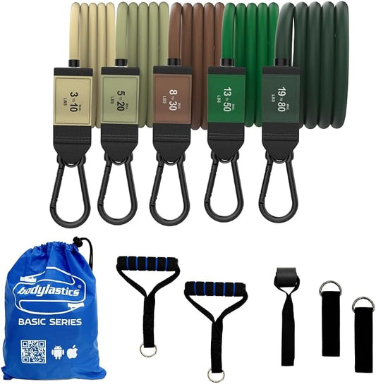 Bodylastics Patented Basic Series Resistance Band Set - Resistance Bands with Snap Reduction Tech, 2 Handles, 2 Ankle Straps, 1 Door Anchor & 1 Carry Bag
