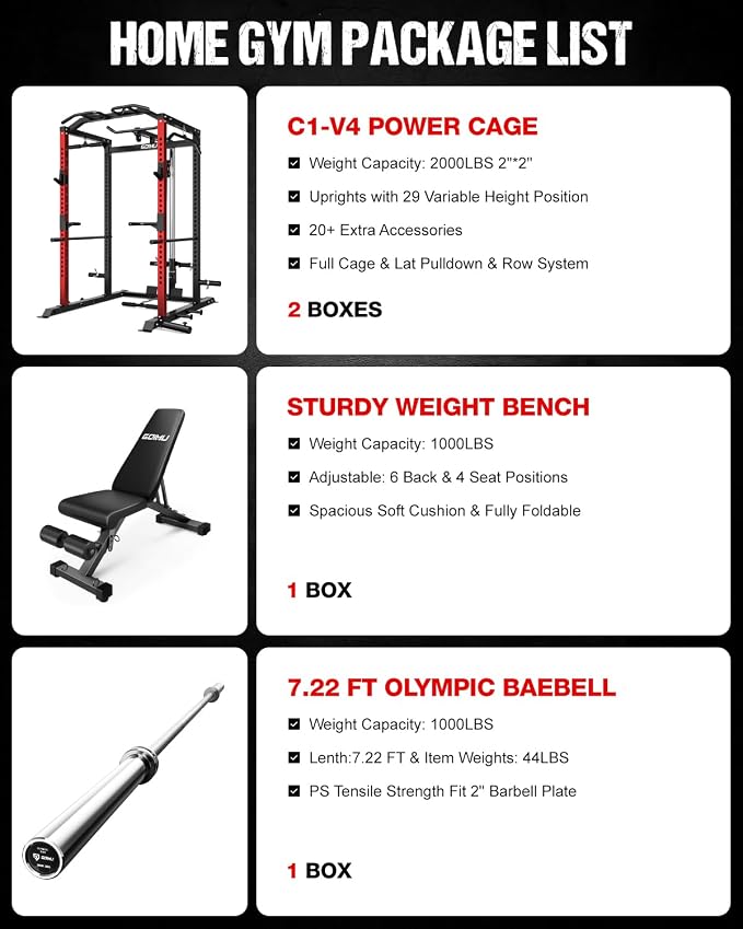 C1-V4 Power Cage, 2000LBS Squat Rack with LAT Pulldown, Multi-Function Weight Cage Strength Training Machine, Workout Cage with More Attachments for Home Gym Garage