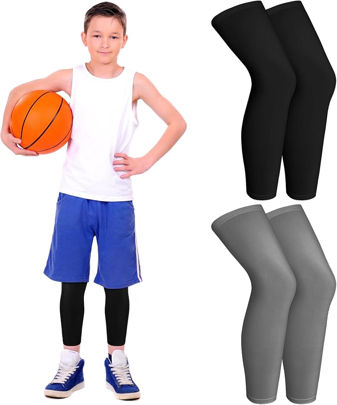 Geyoga 2 Pairs Kids Long Compression Leg Sleeves Long Knee Sleeves UV Protection for Boy Girl Youth Basketball Running Sport