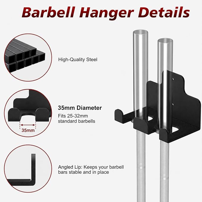 Wall Mounted Weight Plate Holder, 4 Pack, with 1 Pack Barbell Hanger | Fits 2" Weight Plates, Heavy-Duty Steel, Smooth End, Protective Rubber Pad, Space Saving for Home Gym Garage Organizer
