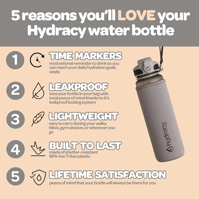 Hydracy Motivational Water Bottle with Time Marker & Fruit Infuser 32 oz | BPA-Free Tritan, Leakproof Flip-Top Lid,No-Sweat Sleeve,Carry Strap,Daily Intake Tracking for Gym,Sports,Outdoors