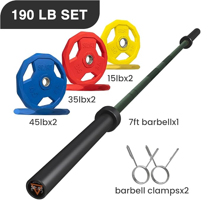 7FT Olympic Barbell Bar with Weight Plate Set Combo, Solid Olympic Bar with Bearings, 700Lbs Capacity Weight Bar for Home Gym Strength Training, Weightlifting, Powerlifting, Fit for 2" Olympic Plates