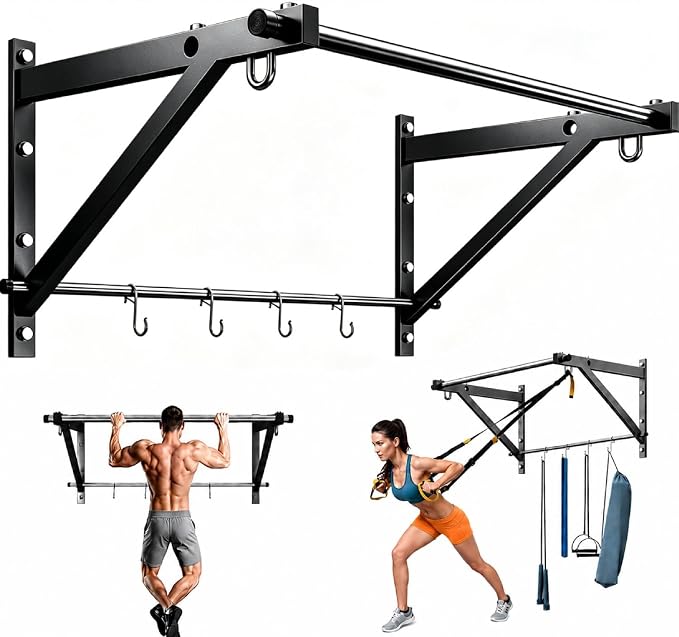 Wall Mounted Pull Up Bar with 500LBS Capacity for Gym Home | Adjustable Depth, 4 Hooks, Heavy Duty, Strength Training, Easy Install, Chin Up Bar for Doorway