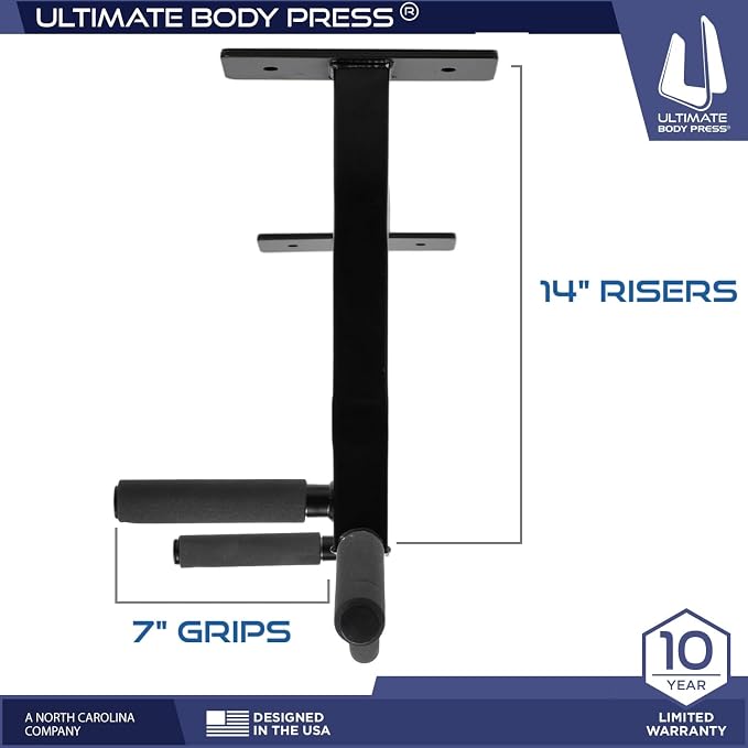 Ceiling Mount Pull Up Bar with Reversible Risers for 16 and 24 Inch Joists with Optimum Grip Spacing by Ultimate Body Press