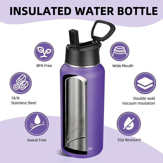 Insulated Water Bottle With Straw,32 oz Vacuum Insulated Stainless Steel Sports Water Flask,Keeps Cold and Hot,Metal Water Bottle Wide Mouth for Gym Travel Camping (Purple/Pink/Yellow/Black)