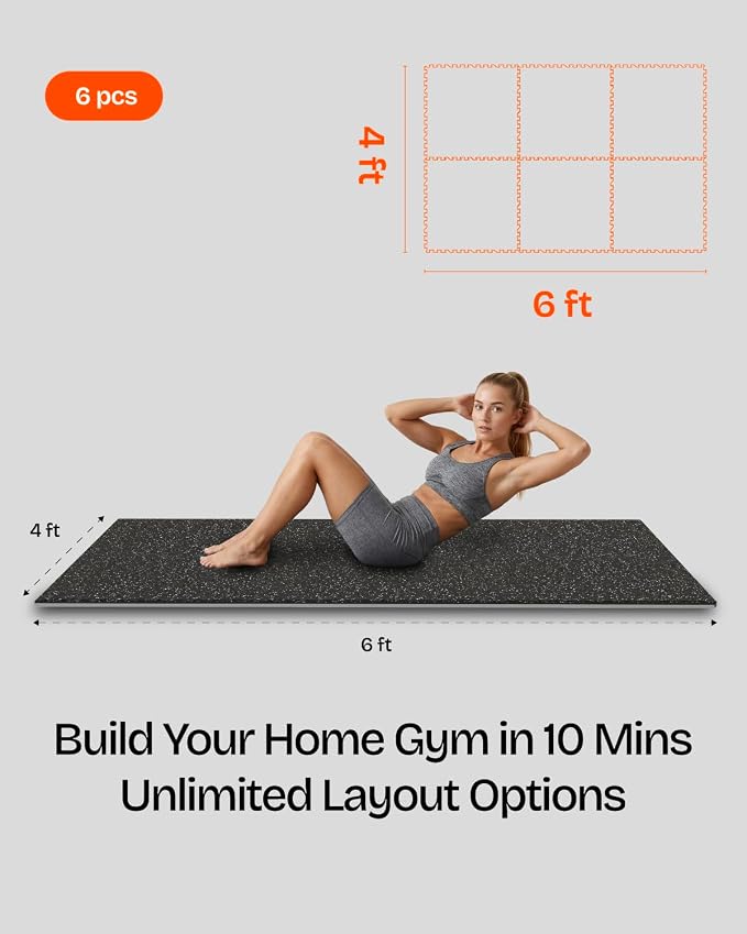 0.56" Thick 24 Sq Ft Rubber Top Gym Flooring Mats for Home Gym | Dual-layer Rubber & HD EVA, NO Warping, 6 Tiles, Supports Heavy Weight, Noise Reduction, Ideal For Crossfit & Dumbbells