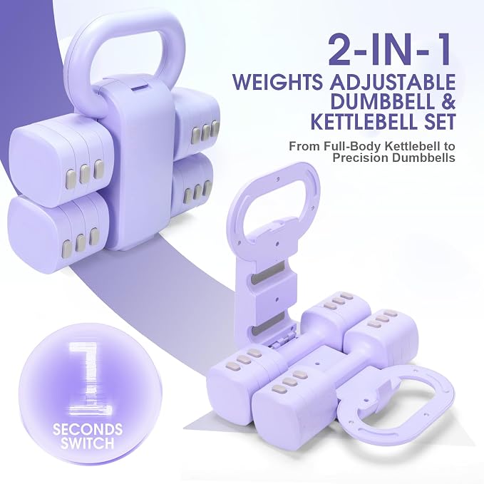 Adjustable 2-in-1 Convertible Kettlebell & Dumbbells Set, 4 in 1 Free Weights Dumbbell Set of 2, Each 2.2 3.3 4.4 5.5lb Quick Change Women Dumbbell Set for Home Exercise Training