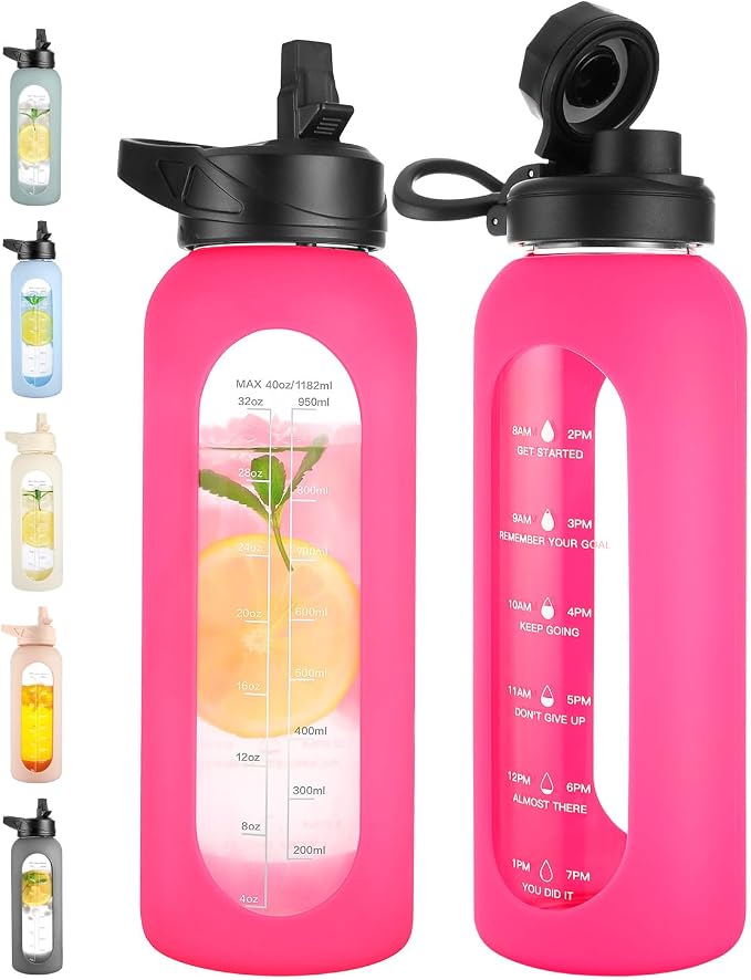 CIVAGO 40 oz Glass Water Bottle with Straw, Large Motivational Water Jug | Time Marker, 2 Leakproof Lids, Wide Mouth, Water Flask Cup with Handle and Silicone Sleeve, for Gym, Sports, Juices, Camelia