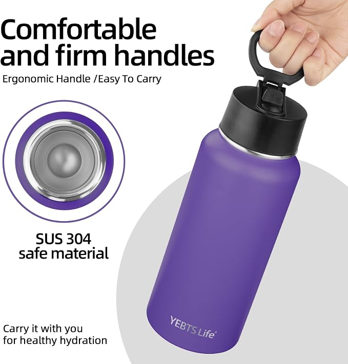 Insulated Water Bottle With Straw,32 oz Vacuum Insulated Stainless Steel Sports Water Flask,Keeps Cold and Hot,Metal Water Bottle Wide Mouth for Gym Travel Camping (Purple)