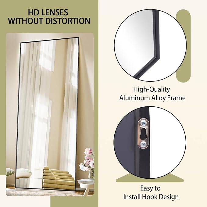 BEAUTYPEAK Full Length Mirror with Stand, 56"x21" Floor Mirror | ShatterVue Tempered Full Body Mirrors with Aluminum Alloy Thin Frame, Standing or Wall-Mounted Mirrors for Living Room, Black