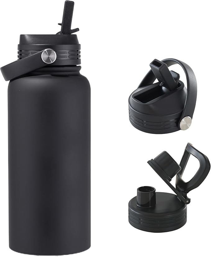 Black Insulated 32 oz Metal Leakproof Water Bottle | Stainless Steel, 1 Liter, Leakproof, 2 Lids, Large Sports Water Bottle for Gym,Hiking