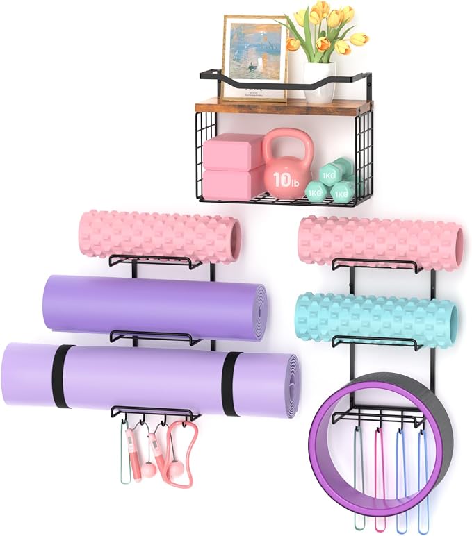 LIDTOP 6-Tiers Yoga Mat Holder Wall Mount with Wood Floating Shelves, Yoga Mat Storage Rack Home Gym Accessories with Hooks for Hanging Stretching Strap & Resistance Bands, Yoga Room/Home Gym Decor