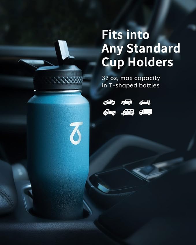 Trebo 32 oz Water Bottle Insulated Fits in Any Car Cup Holder with 2 Lids | Stainless Steel T-shape Tumbler with Paracord Handle, Triple Wall Vacuum Copper Plated, Cold 48 Hrs for Travel, Leakproof